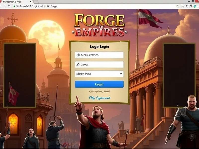 Forge of Empires US लॉगिन पेज का स्क्रीनशॉट जिसमें खूबसूरत ऐतिहासिक शहर दिख रहा है