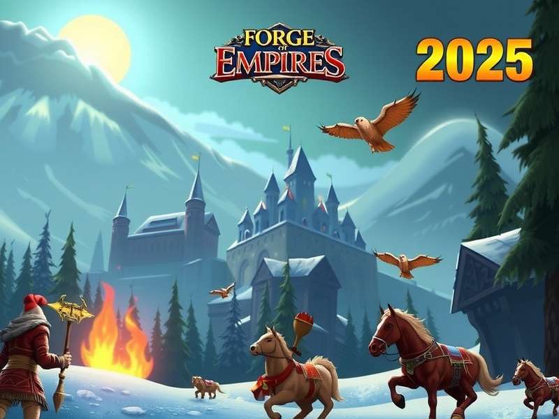 Forge of Empires Winter Event 2025 में बर्फ से ढकी शहर की इमारतें