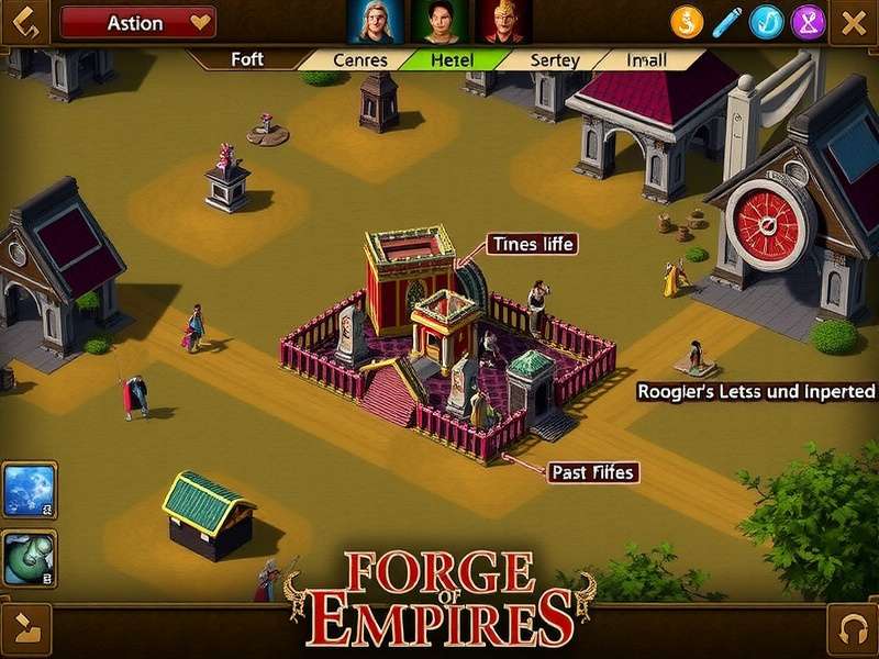 Forge of Empires में एक विकसित शहर का दृश्य, विभिन्न युगों की इमारतें और सैन्य इकाइयाँ दिख रही हैं