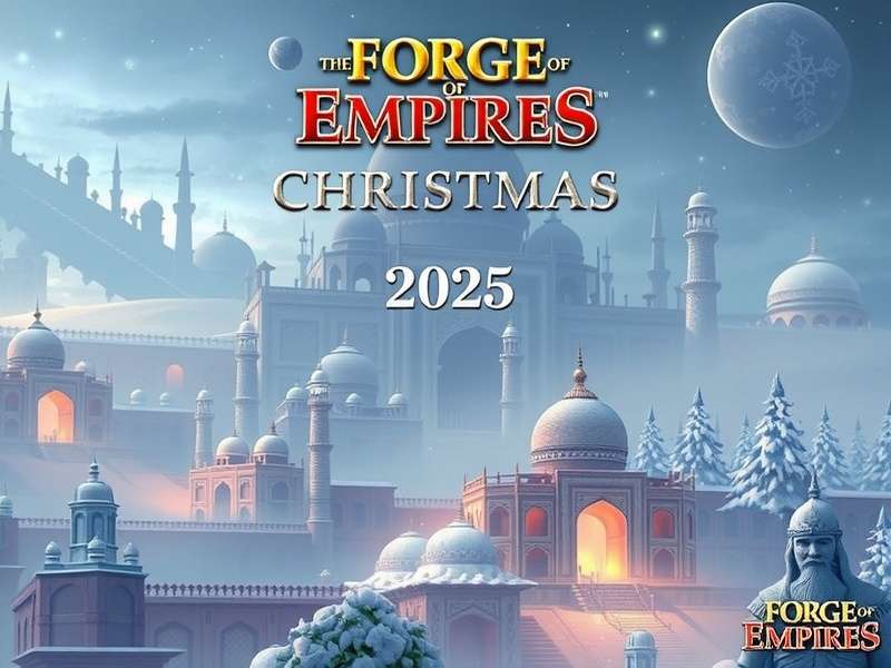 Forge of Empires 2025 क्रिसमस इवेंट का दृश्य, बर्फ से ढके शहर और विशेष इनाम