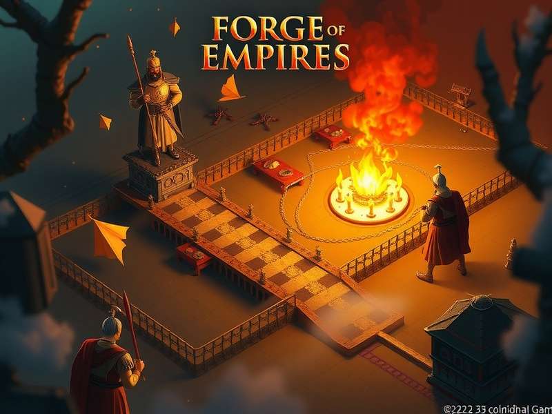 Forge of Empires Fall Event 2023 इन-गेम स्क्रीनशॉट, पतझड़ के पत्तों और इवेंट बिल्डिंग्स के साथ