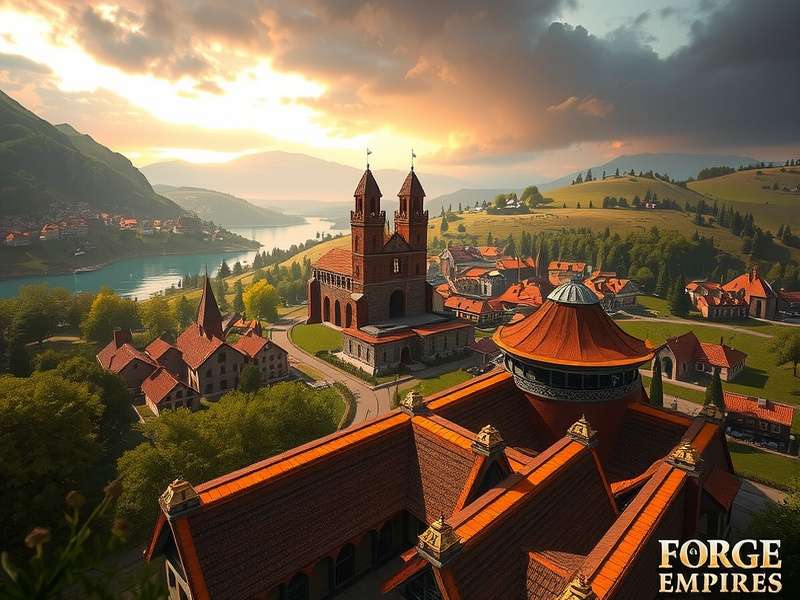 Forge Of Empires gameplay showcasing a city in the Industrial Era with Slovenian landmarks