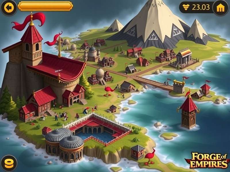 A well-optimized late-game city in Forge of Empires showing advanced buildings and roads