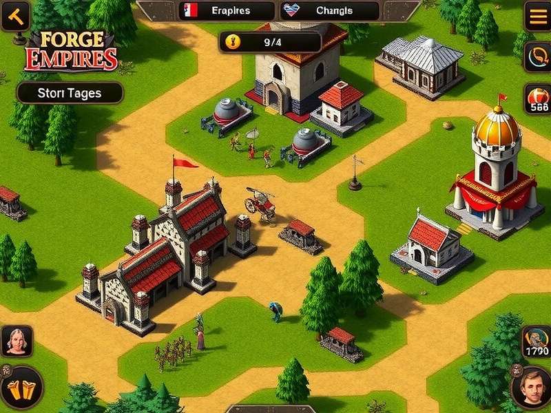 Forge of Empires gameplay screenshot showing a thriving city across ages