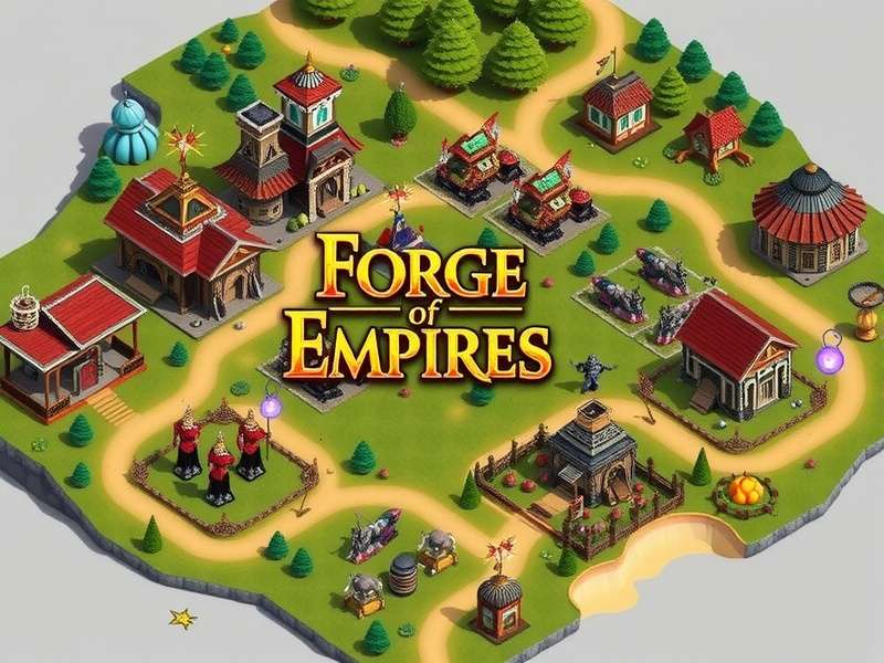 Forge of Empires login screen and gameplay interface on multiple devices