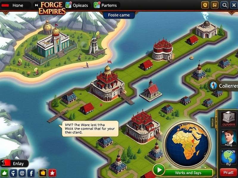 Forge of Empires gameplay screenshot showing a detailed city with buildings from different eras