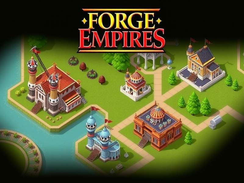 Forge of Empires sprawling cityscape with medieval and modern districts under a golden sky.