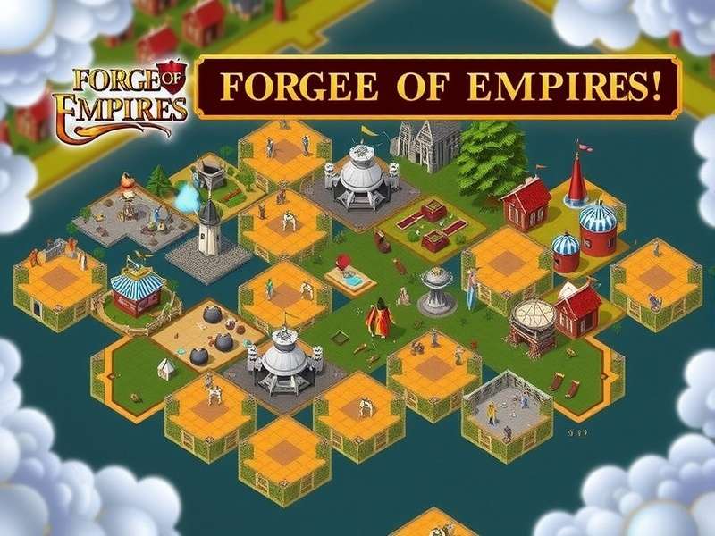 Forge of Empires epic city building scene with medieval architecture and army camps