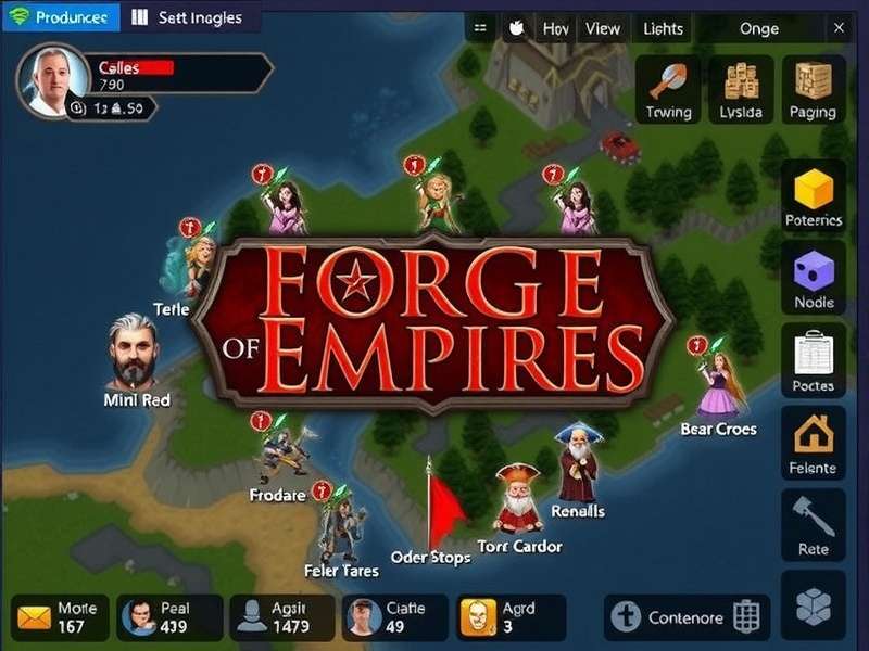 Forge of Empires gameplay screenshot showcasing a medieval city with market and barracks