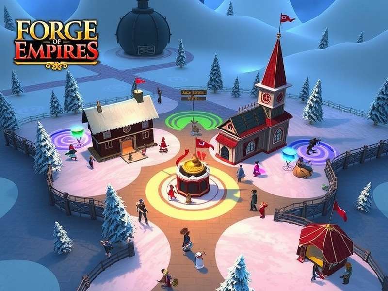 Forge of Empires Winter Event 2025 banner with snowy empire and festive buildings