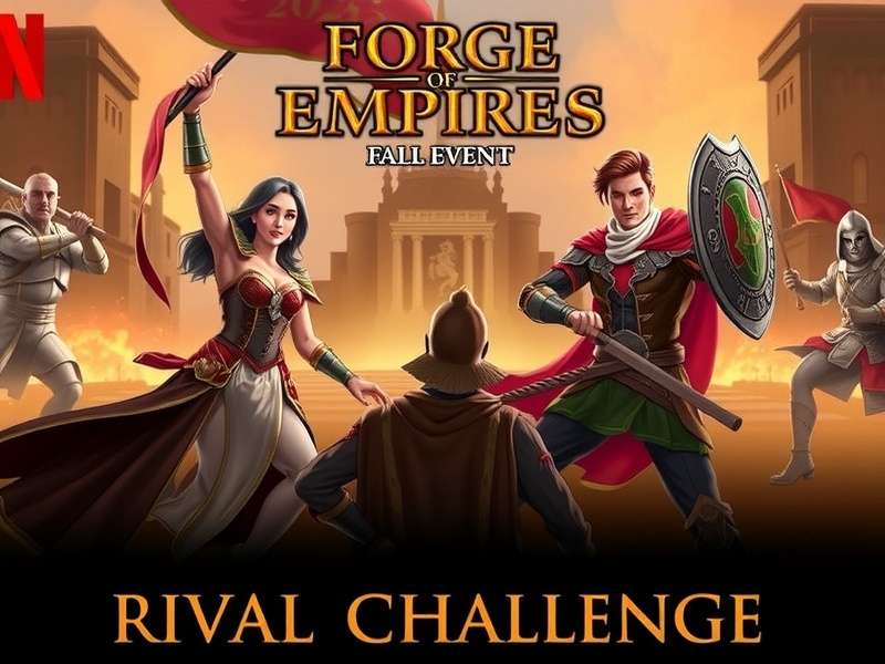 Forge Of Empires Fall Event 2025 Rival Challenge gameplay screenshot showing rival quest ladder and fall leaves currency