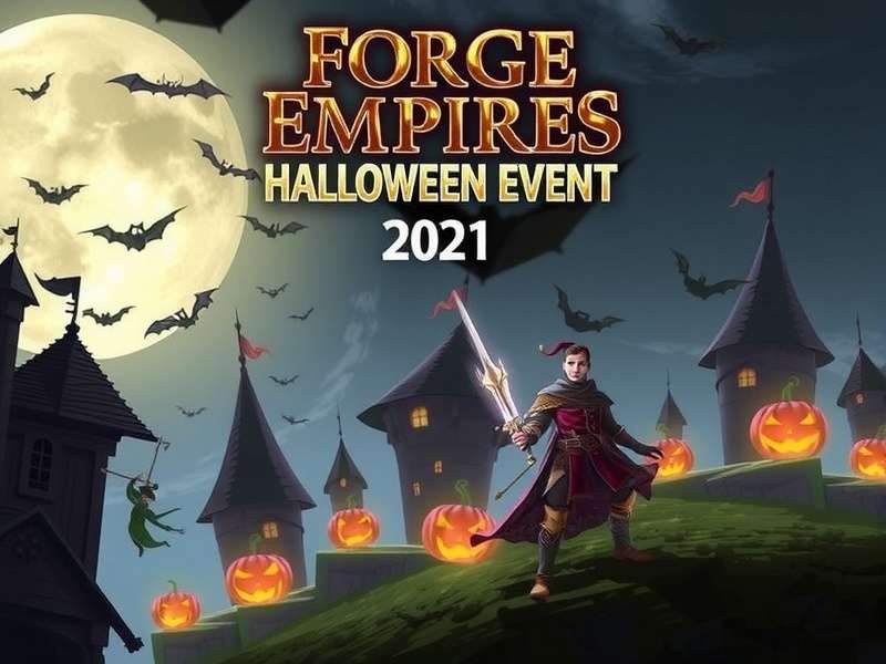 Forge of Empires Halloween Event 2021 banner featuring spooky themed buildings and pumpkins